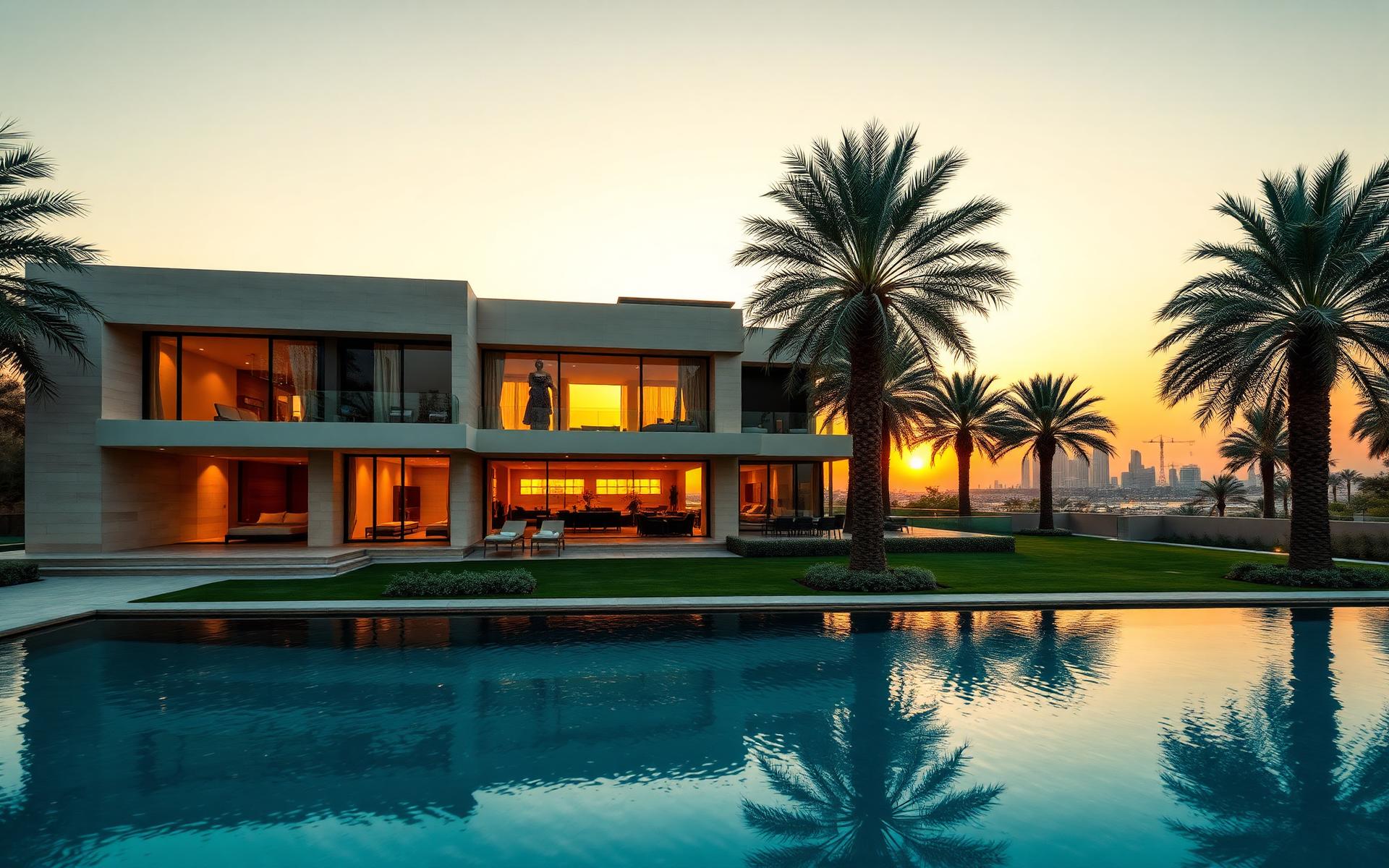 Contemporary ultra-luxury villa in Dubai Hills Estate at dusk